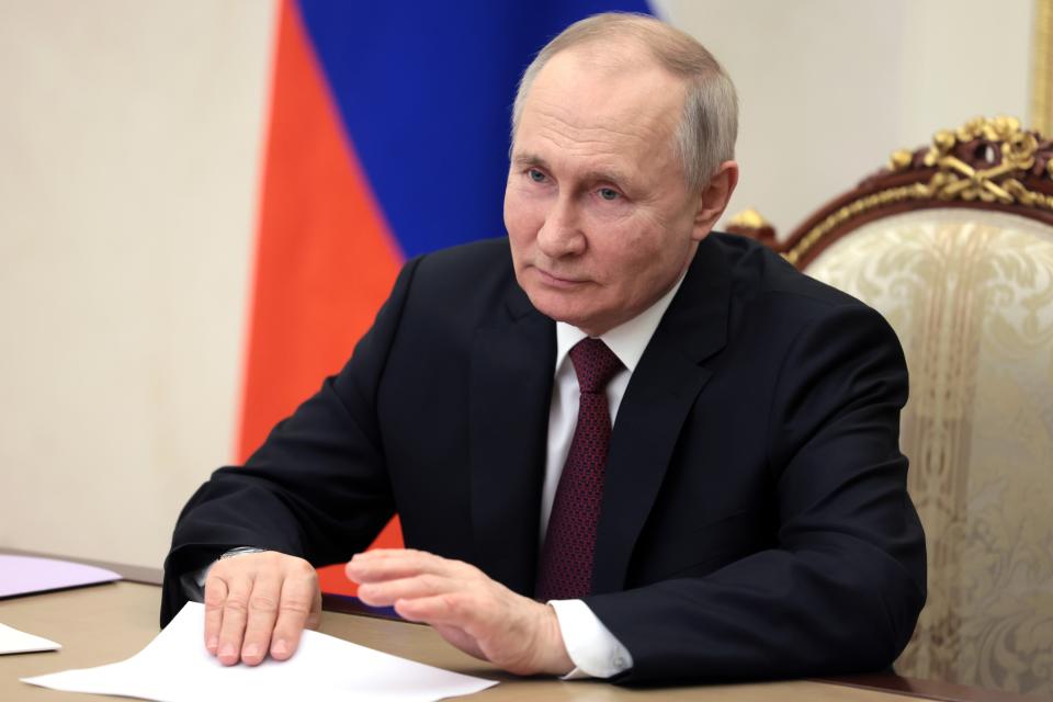 Russian President Vladimir Putin speaks during a meeting with Vladislav Kuznetsov, new appointed acting Governor of the Chukotka Autonomous region via a videoconference at the Kremlin in Moscow, Russia, Wednesday, March 15, 2023. (Mikhail Metzel, Sputnik, Kremlin Pool Photo via AP)