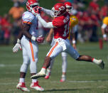 Kansas City Chiefs wide receiver Kyle Williams (19) grabs a pass during a drill at an NFL football training camp Monday, July 28, 2014, on the Missouri Western State University campus in St. Joseph, Mo. (AP Photo/The St. Joseph News-Press, Todd Weddle)