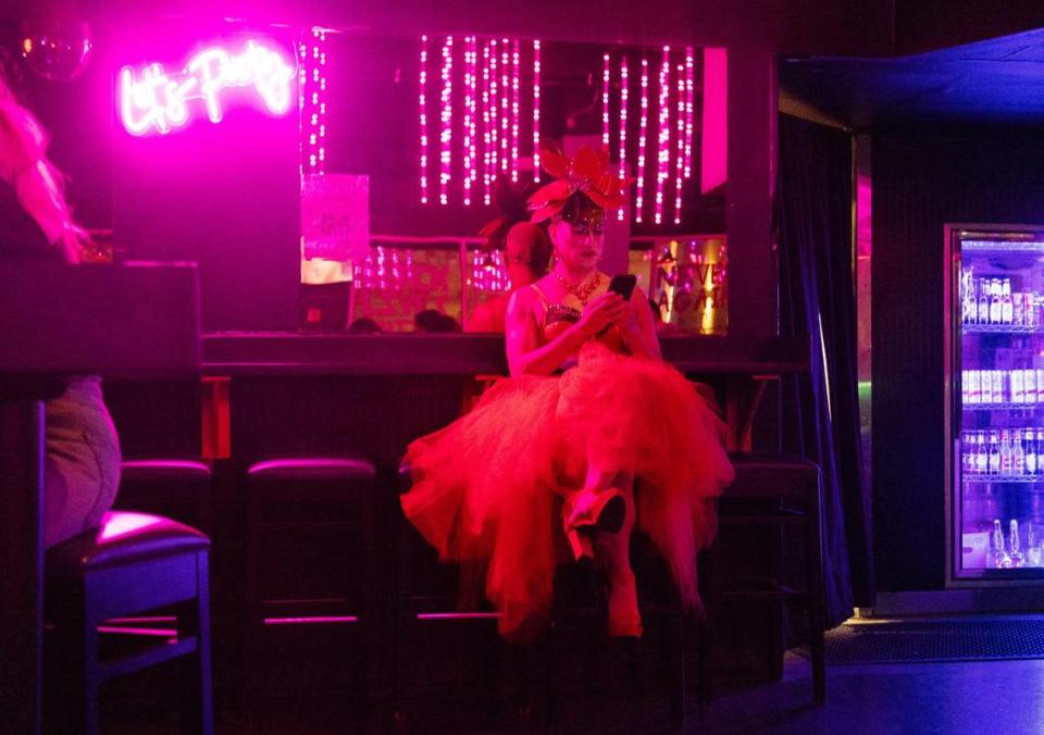 Drag queen Frida Nightz waiting to perform at The Balcony, a nightclub in downtown Boise, March 11, 2023.