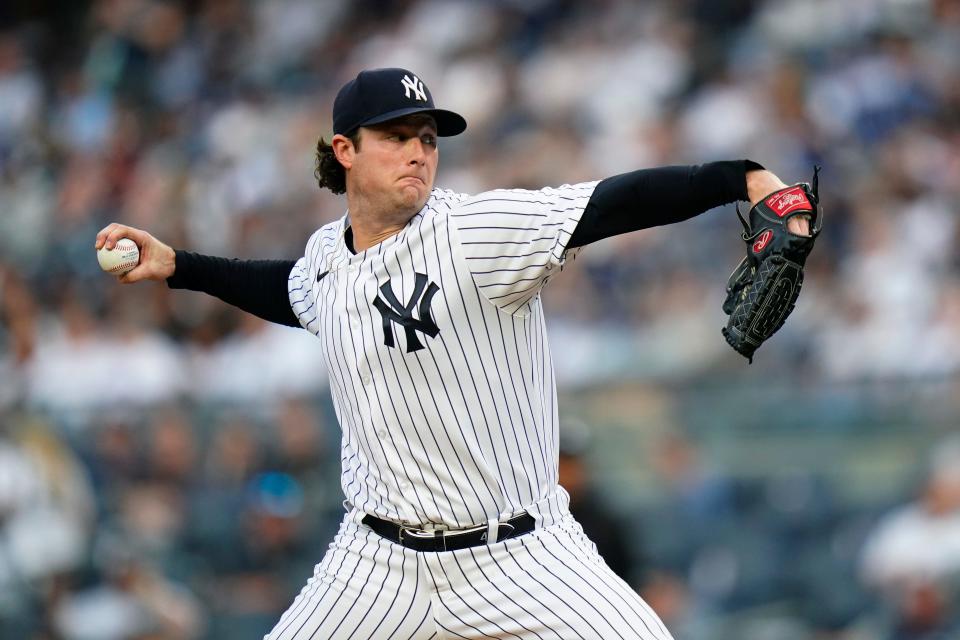 New York Yankees' Gerrit Cole pitches during the first inning against the Detroit Tigers on Friday, June 3, 2022, at Yankee Stadium in New York.