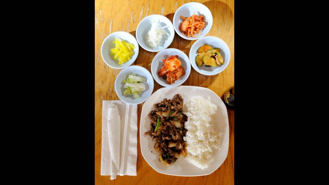 Beef Bulgogi with white rice and a variety of kimchi is served at Seoul House Korean Restaurant in Warner Robins.