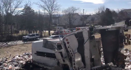 View of the scene following the accident when a train traveling from Washington to West Virginia carrying Republican members of the U.S. House of Representatives collided with a garbage truck, in Crozet, Virginia, U.S., January 31, 2018, in this picture grab obtained from a social media video. Congressman Steve King/via REUTERS
