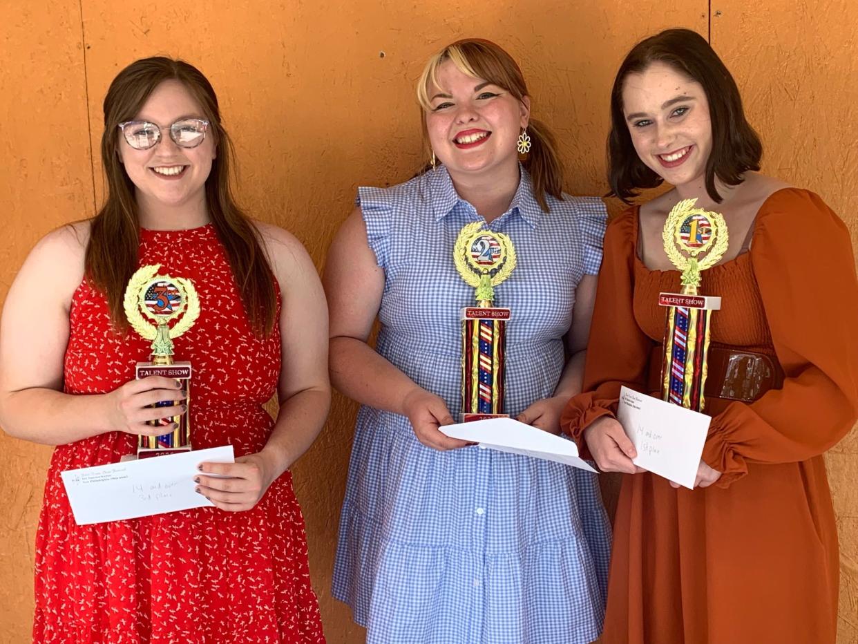Sami Krocker (left, third), Chloe Martin (second) and Belle Fockler (first) took the top three spots in the First Town Days talent show in the 14 and over group.