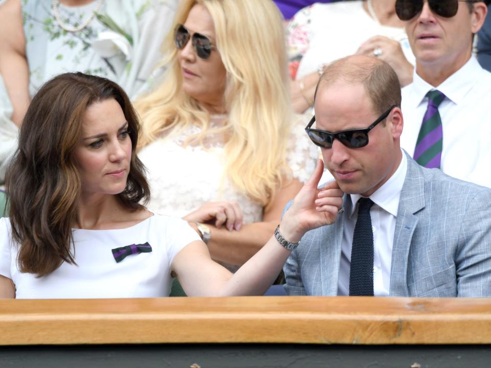 Catherine, Duchess of Cambridge and Prince William, Duke of Cambridge attend the Mens Singles Final during day thirteen of the Wimbledon Tennis Championships at the All England Lawn Tennis and Croquet Club on July 16, 2017 in London, United Kingdom.