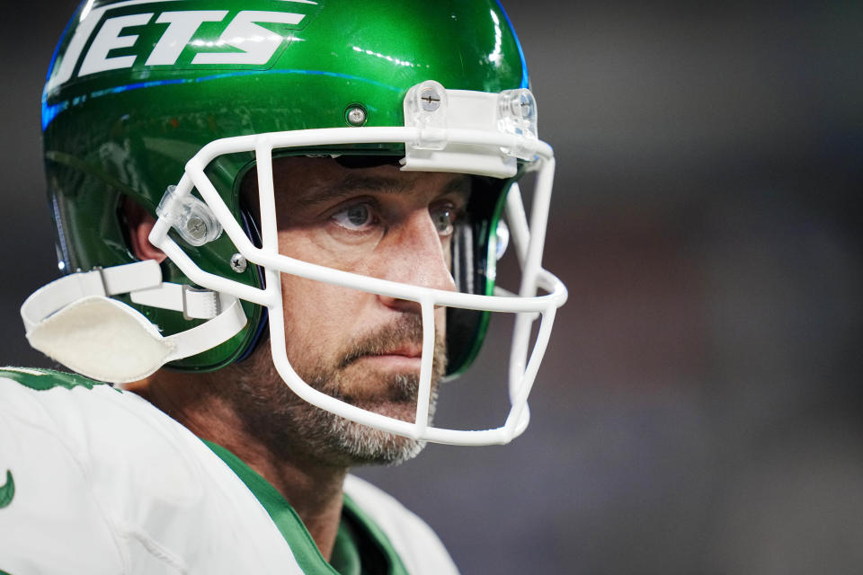 New York Jets quarterback Aaron Rodgers (8) warms up before an NFL football game against the Buffalo Bills on Monday, Sep. 11, 2023, in East Rutherford, N.J. (AP Photo/Rusty Jones)