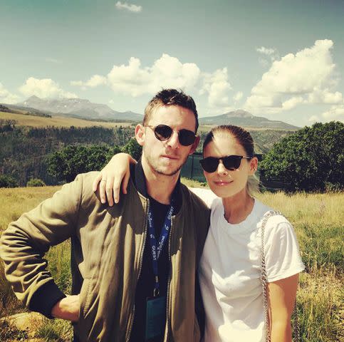 <p>Kate Mara Instagram</p> Kate Mara and Jamie Bell pose for a photo outdoors.