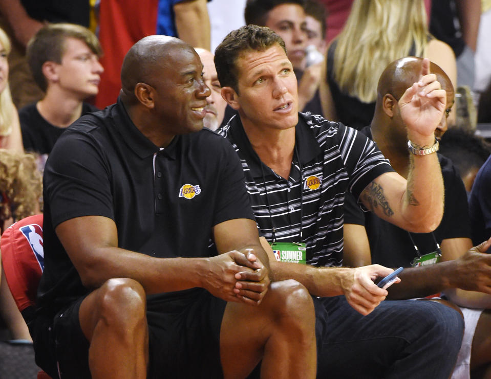 Lakers president Magic Johnson isn’t worried about the Lakers getting off to a slow start this season with LeBron James — and he doesn’t want head coach Luke Walton to worry, either. (Getty Images)