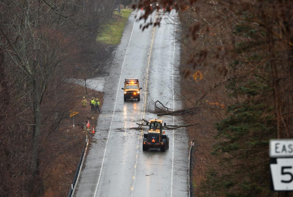 Strong winds that blew through Erie County earlier this week that toppled trees in branches throughout the region, including on Route 5 in Fairview Township, left several hundred Penelec customers still without power on Friday.