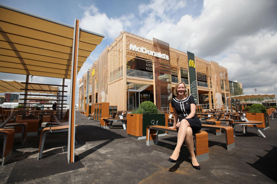 LONDON, ENGLAND - JUNE 25: Jill McDonald, the Chief Executive Officer of McDonald's UK, poses for a photograph in front of the world's largest McDonald's restaurant which is their flagship outlet in the Olympic Park on June 25, 2012 in London, England. The restaurant, which is one of four McDonald's to be situated within the Olympic Park, will have a staff of 500. After the Olympic and Paralympic Games conclude the restaurant will be dismantled and all fixtures and fittings will be either reused or recycled. (Photo by Oli Scarff/Getty Images)