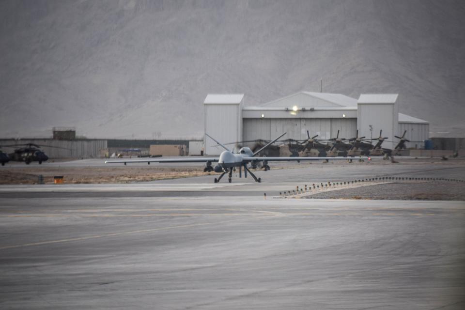 A US military MQ-9 Reaper drone waits for take-off at Kandahar Air Base in Afghanistan on March 9, 2018.