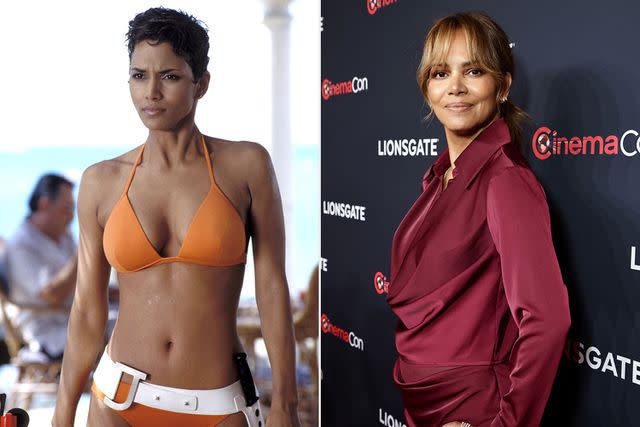 <p>shutterstock; getty</p> Halle Berry in 2002's 'Die Another Day' and now