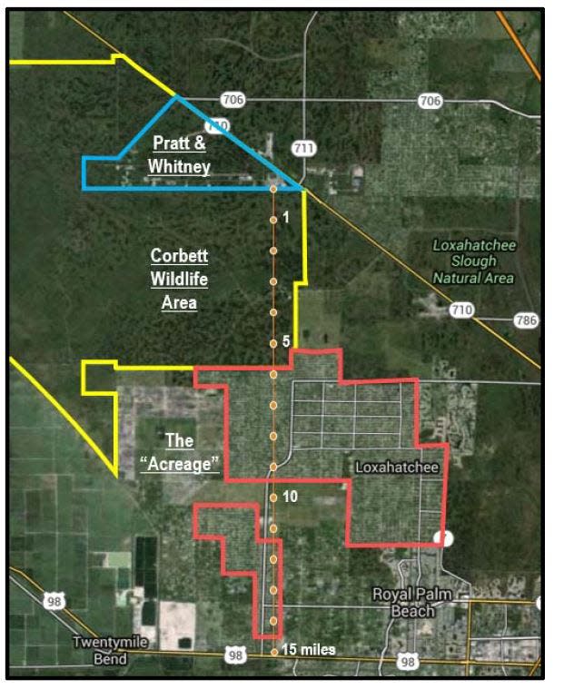 The Pratt & Whitney complex off the Beeline Highway west of Palm Beach Gardens and Jupiter is separated from The Acreage by the J.W. Corbett Wildlife Management Area.