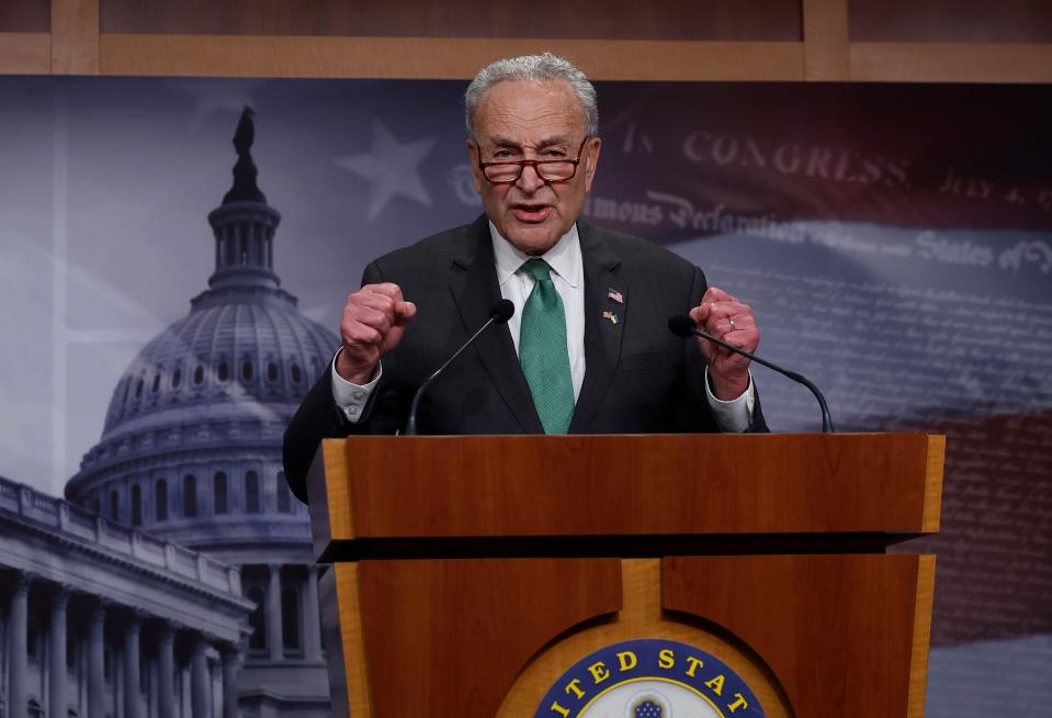Senate Majority Leader Chuck Schumer (D-NY) speaks after the Senate passed a foreign aid bill (Getty Images)