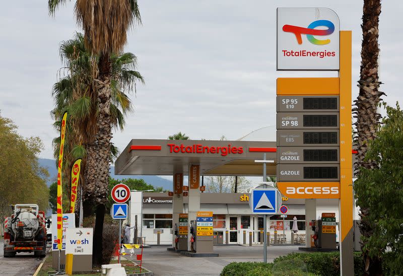 An empty TotalEnergies gas station that is running out of fuel is seen in Nice