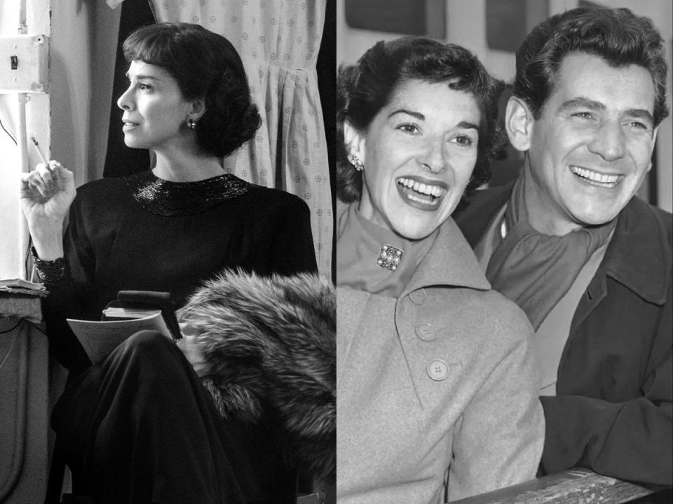 Sarah Silverman as Shirley Bernstein in "Maestro," and Shirley and Leonard Bernstein on the Queen Mary in New York, 1951.