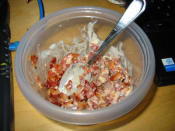 If you've made it through this gallery so far without cringing, that's about to change. Not quite part of a balanced breakfast, this bacon cereal is a bowl of chopped bacon with blue cheese dressing acting as "milk" and bacon bits on top. A reviewer on slash food described it like this: "It probably compares to being electrocuted while having your wisdom teeth removed by a back alley dentist. My tongue burned with each bite from the sodium content. I was certain that I couldn't finish the entire bowl, at least not without severe intestinal repercussions. But, I knew that under no circumstance was I ever going to do this again so it's a one shot deal. The last bite went down about as smoothly as a pile of broken glass, but I made it. " Yummy.