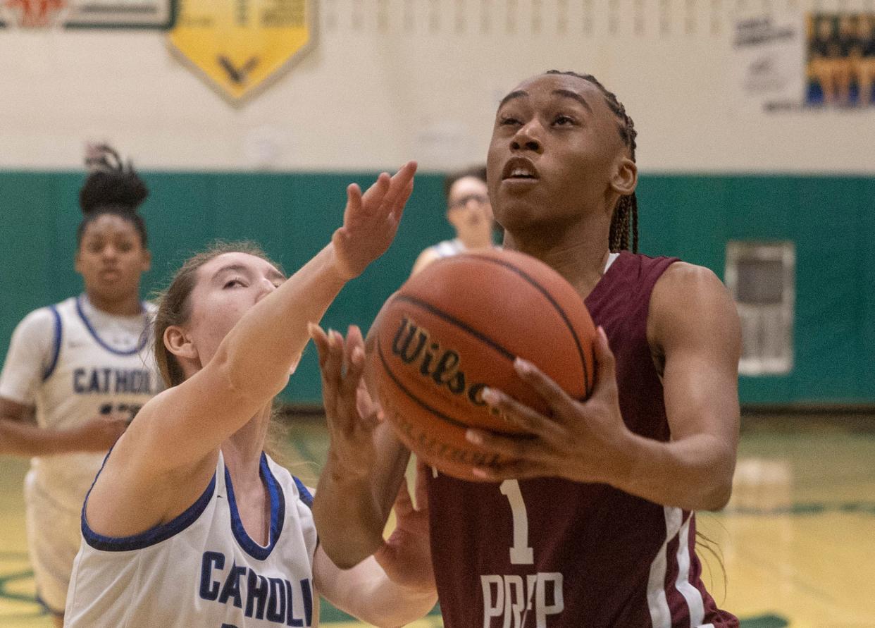 Rutgers Prep Mikayla Blakes puts in a lay up. Rutgers Prep Girls Basketball defeats Wildwood Catholic for South Non-Public B Final on March 1, 2023 in Tabernacle, NJ