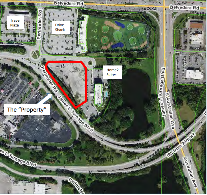 Triangular parcel marked in red shows site where an $8 million mini-golf, dining and entertainment venue will be built on property owned by Palm Beach County International Airport. Land will be leased to a company whose golf courses are designed by Tiger Woods.