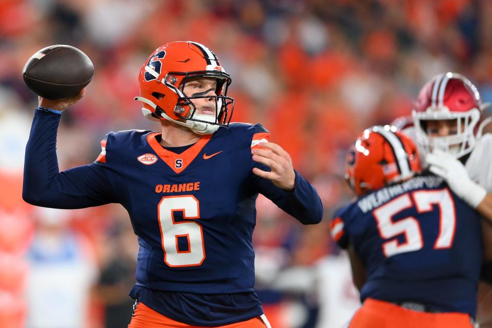 Sep 20, 2024; Syracuse, New York, USA; Syracuse Orange quarterback Kyle McCord (6) passes against the Stanford Cardinal during the first half at the JMA Wireless Dome. Mandatory Credit: Rich Barnes-Imagn Images