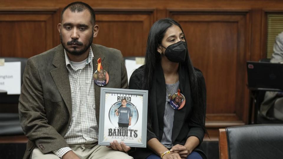 <div class="inline-image__caption"><p>Felix Rubio and Kimberly Rubio hold a photograph of their late daughter Alexandria Rubio, who was killed during the Uvalde, Texas mass shooting, as they attend a House Oversight Committee hearing on July 27.</p></div> <div class="inline-image__credit">Drew Angerer/Getty</div>