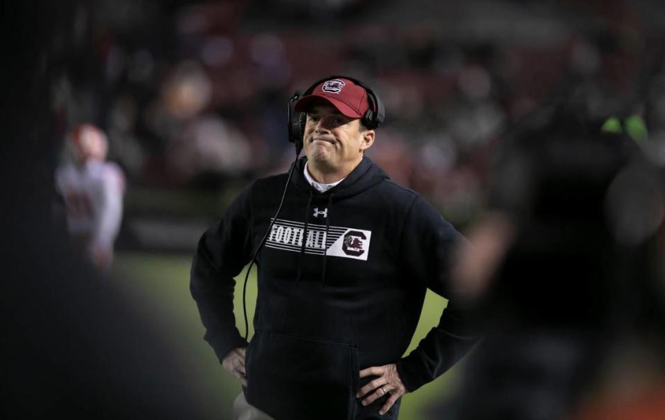 A dejected Shane Beamer walks the sideline in the final minute of the Gamecocks’ loss to Clemson at Williams-Brice Stadium on Saturday, November 27, 2021.