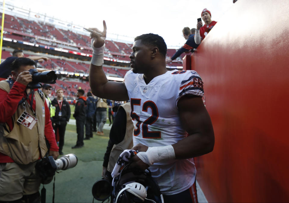 Khalil Mack and the Bears will face the Eagles in Round 1 of the NFC playoffs. (Getty Images)