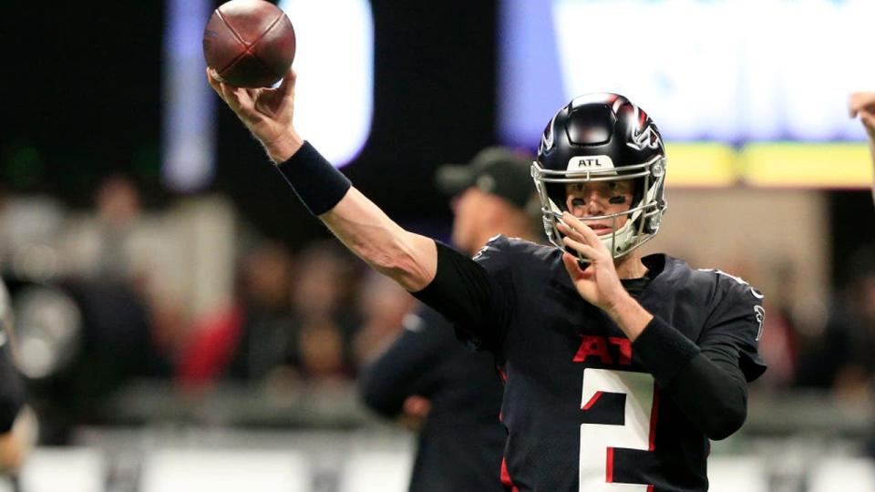 <div>ATLANTA, GA - JANUARY 09: Atlanta Falcons Quarterback Matt Ryan (2) warms up prior to the final NFL regular season game between the Atlanta Falcons and the <a class="link " href="https://sports.yahoo.com/nfl/teams/new-orleans/" data-i13n="sec:content-canvas;subsec:anchor_text;elm:context_link" data-ylk="slk:New Orleans Saints;sec:content-canvas;subsec:anchor_text;elm:context_link;itc:0">New Orleans Saints</a> on January 9, 2022 at Mercedes-Benz Stadium in Atlanta, Georgia. (Photo by David J. Griffin/Icon Sportswire via Getty Images)</div>