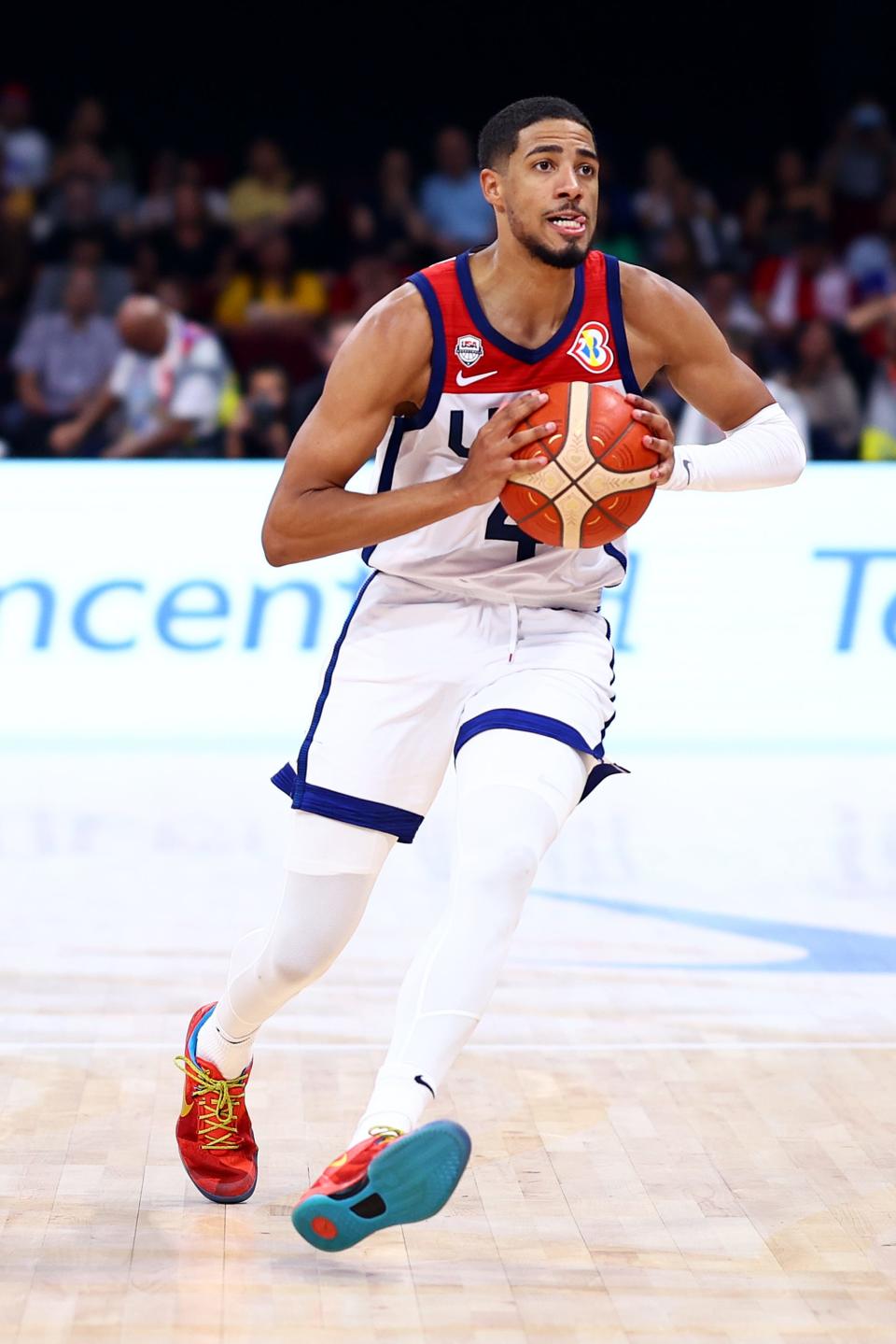 MANILA, PHILIPPINES - SEPTEMBER 10: Tyrese Haliburton #4 of the United States looks for a pass in the third quarter during the FIBA Basketball World Cup 3rd Place game against Canada at Mall of Asia Arena on September 10, 2023 in Manila, Philippines.