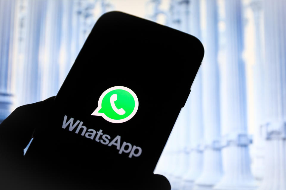 POLAND - 2020/11/19: In this photo illustration a Whatsapp online communicator app logo seen displayed on a smartphone. (Photo Illustration by Filip Radwanski/SOPA Images/LightRocket via Getty Images)