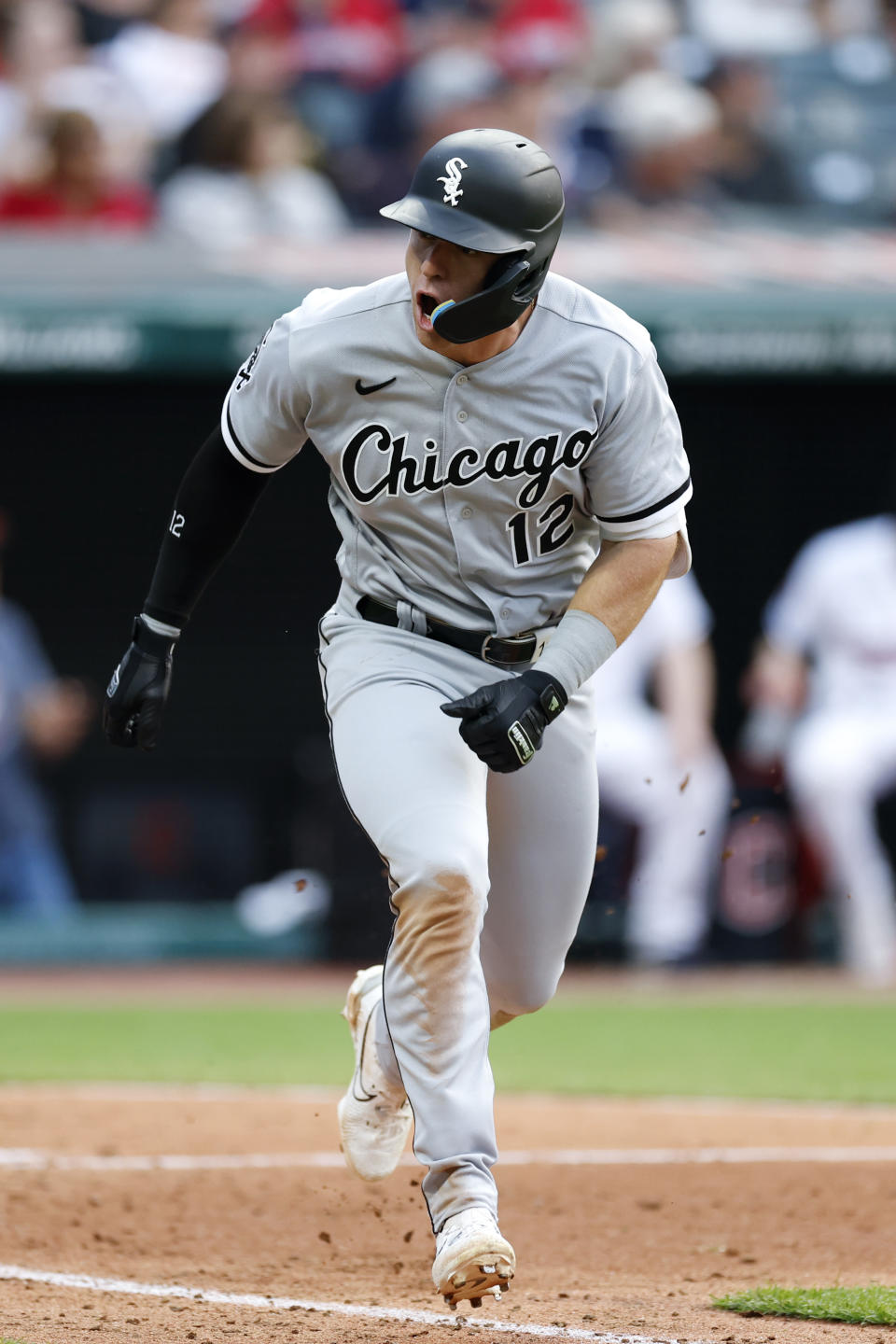 Chicago White Sox's Romy Gonzalez celebrates as he runs to first base after hitting a two-run double off Cleveland Guardians starting pitcher Logan Allen during the seventh inning of a baseball game, Tuesday, May 23, 2023, in Cleveland. (AP Photo/Ron Schwane)