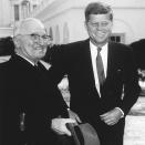 <p>John F. Kennedy greets Harry S. Truman outside of the White House on Jan. 21, 1961.</p>