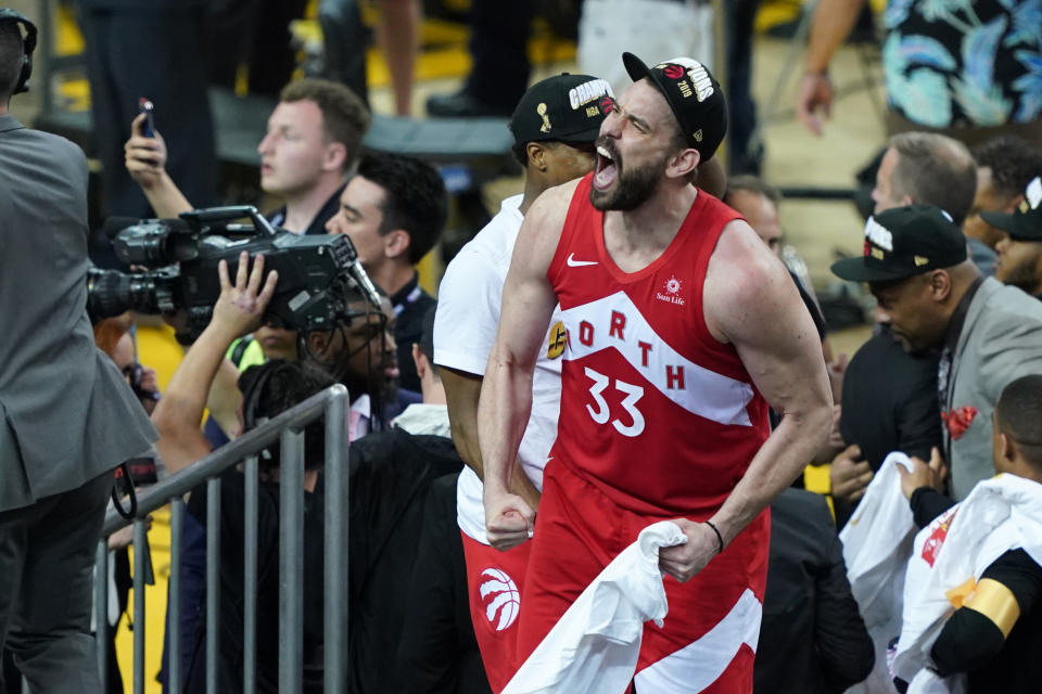 Marc Gasol #33 of the Toronto Raptors celebrates his teams victory over the Golden State Warriors in Game Six to win the 2019 NBA Finals at ORACLE Arena on June 13, 2019 in Oakland, California. (Photo by Thearon W. Henderson/Getty Images)