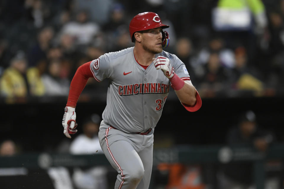 Cincinnati Reds' Tyler Stephenson watches his solo home run during the third inning of a baseball game against the Chicago White Sox, Friday, April 12, 2024, in Chicago. (AP Photo/Paul Beaty)