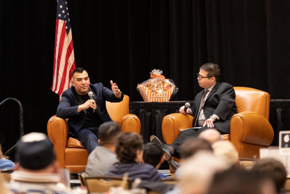 New York Yankees catcher Jose Trevino talks with Hooks broadcaster Michael Coffin during the South Texas Winter Baseball Banquet on Thursday, Jan. 26, 2023 at the Omni Hotel in Corpus Christi, Texas.