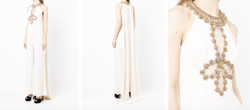 Zuhair Murad embellished cape-back flared leg jumpsuit. PHOTO: Farfetch