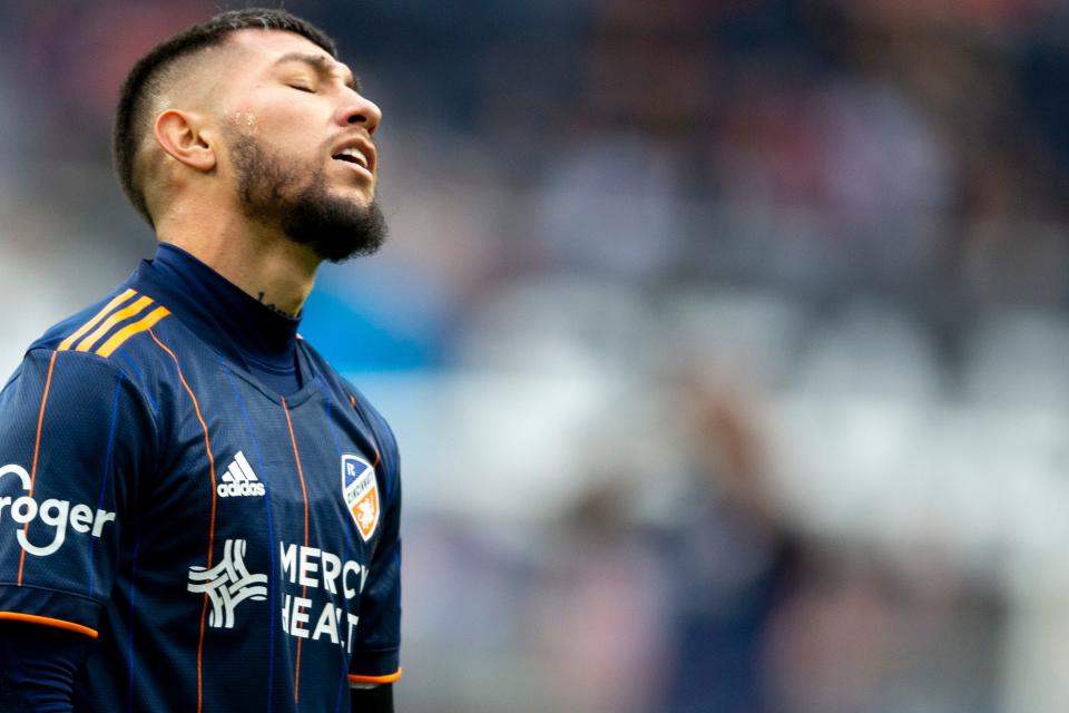 FC Cincinnati midfielder Luciano Acosta (10) reacts to a missed shot on goal in the second half of the MLS match on Saturday, April 2, 2022, at TQL Stadium in Cincinnati. CF Montréal defeated FC Cincinnati 4-3. 