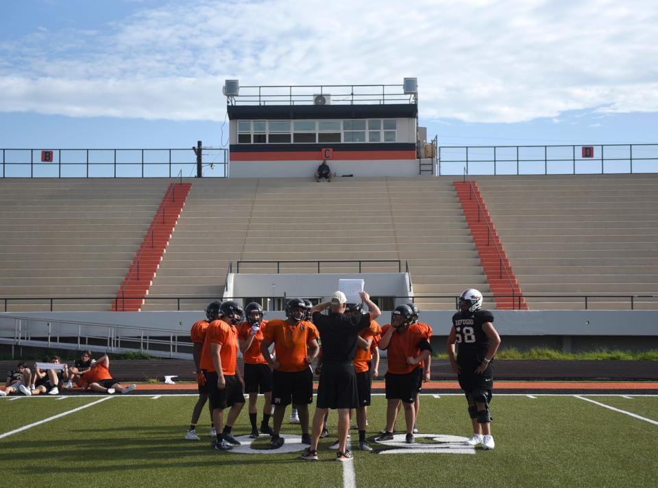 Refugio prepares to run a football drill, Friday, Aug. 6, 2021. This is the first week of practice for the team. 