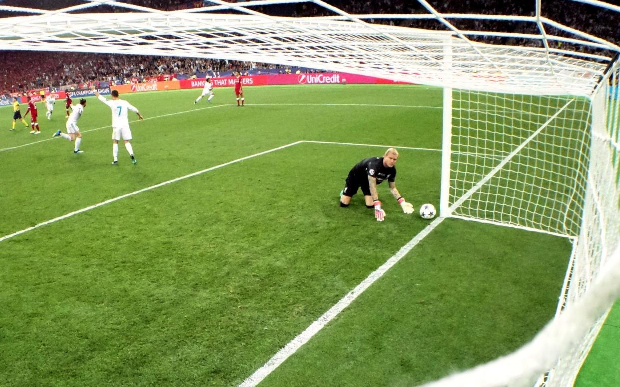 Liverpool's Loris Karius on his knees after conceding a shot from Real Madrid's Gareth Bale  - REUTERS