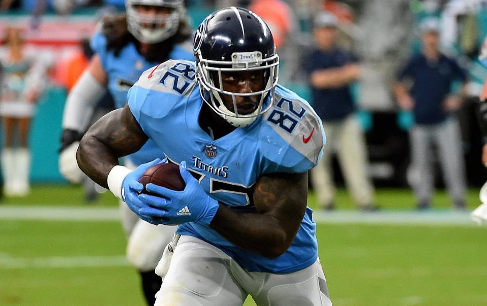 Tennessee Titans tight end Delanie Walker (82) runs the ball during the second half against the Miami Dolphins at Hard Rock Stadium in Miami Gardens, FL on September 9, 2018.