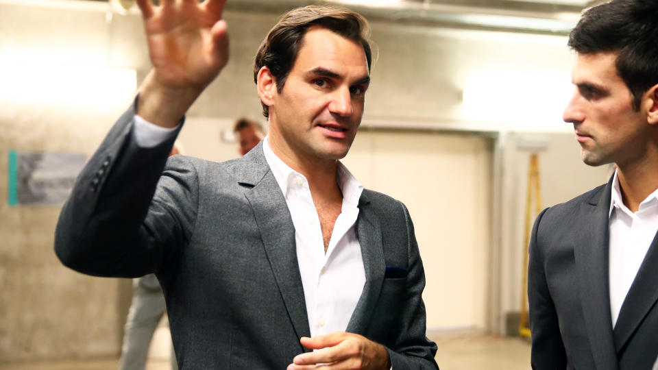 Roger Federer and Novak Djokovic talk ahead of the Laver Cup. (Photo by Clive Brunskill/Getty Images for The Laver Cup)