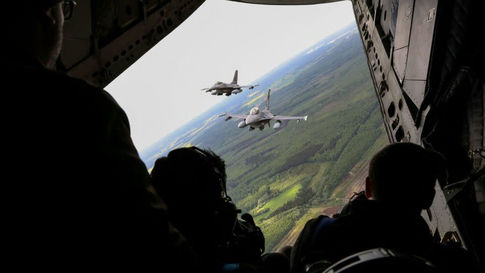 Portuguese Air Force F-16 military fighter jets participate in NATO's Baltic Air Policing Mission in Lithuanian airspace near Siauliai, on May 23, 2023. - Petras Malukas/AFP/Getty Images