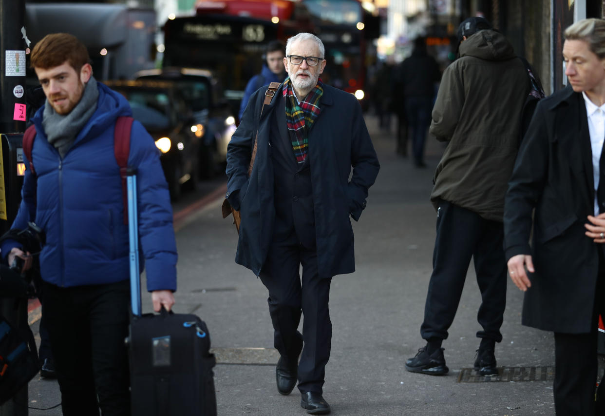 Labour leader, Jeremy Corbyn (centre) outside Finsbury Park station, London, whilst on the General Election campaign trail.