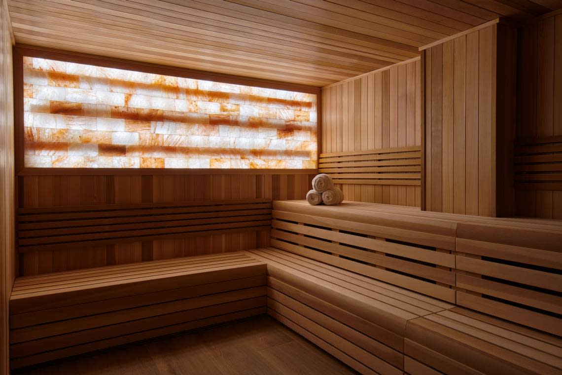 The co-ed sauna with a salt wall at The Spa at Baia Beach Club at the Mondrian in Miami Beach.