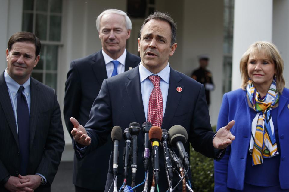 Kentucky Gov. Matt Bevin speaks to reporters outside the White House in Washington, Monday, Feb. 27, 2017, following a meeting with President Donald Trump inside. From left are, Arizona Gov. Doug Ducey, Arkansas Gov. Asa Hutchinson, Bevin, and Oklahoma Gov. Mary Fallin. (AP Photo/Evan Vucci)