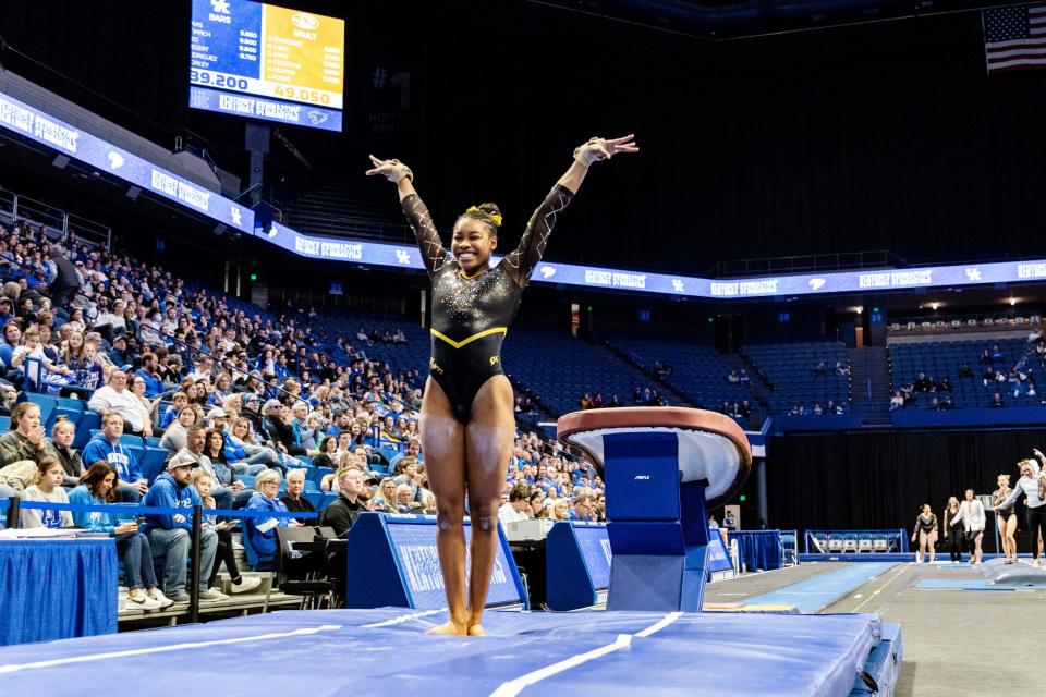 Missouri gymnast Jocelyn Moore reacts after her landing on the vault during a meet against Kentucky on Feb. 9 in Lexington, Kentucky