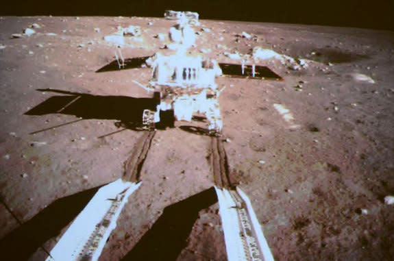 China's lunar rover Yutu ("Jade Rabbit") is seen by a camera on the country's Chang'e 3 lander after both successfully landed on the moon together on Dec. 14, 2013. It is China's first lunar rover mission and the first soft-landing on the moon