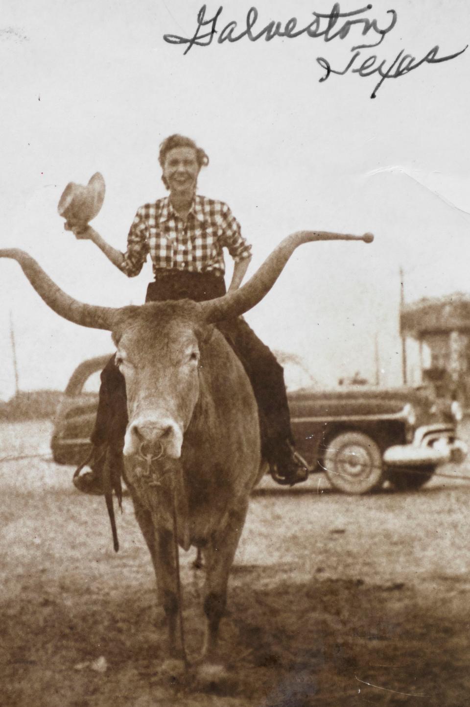 Edna Mae Perkins in her steer-riding heyday.