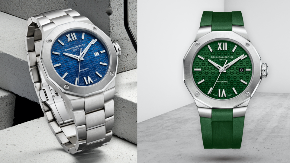 Riviera系列42mm的錶徑搭的是自動上鏈機芯，除了銀、黑、藍面的顏色之後，後續還新增了今年的趨勢色綠面款式。建議售價：NT$ 81,400（藍）、NT$ 77,900（綠）