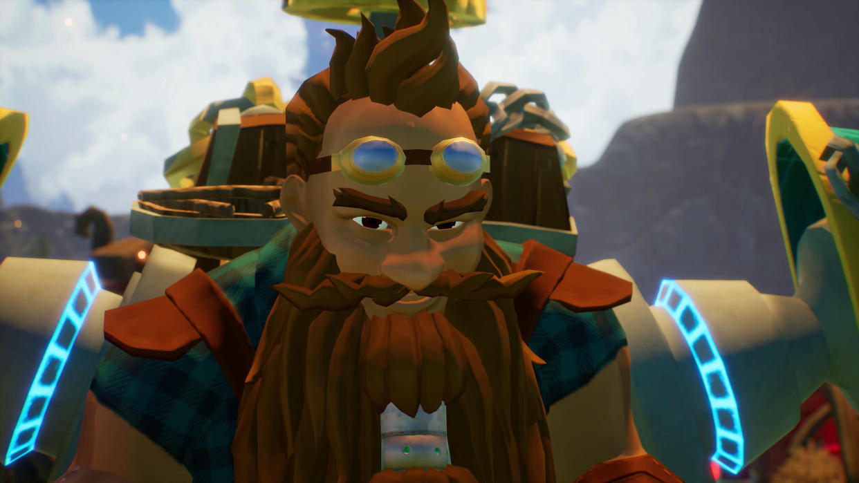  A dwarf wearing pilot goggles on top of a mech. 
