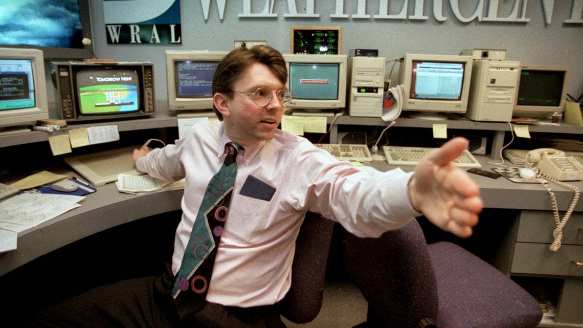 WRAL meteorologist Greg Fishel works on computer graphics for a newscast in 1997.